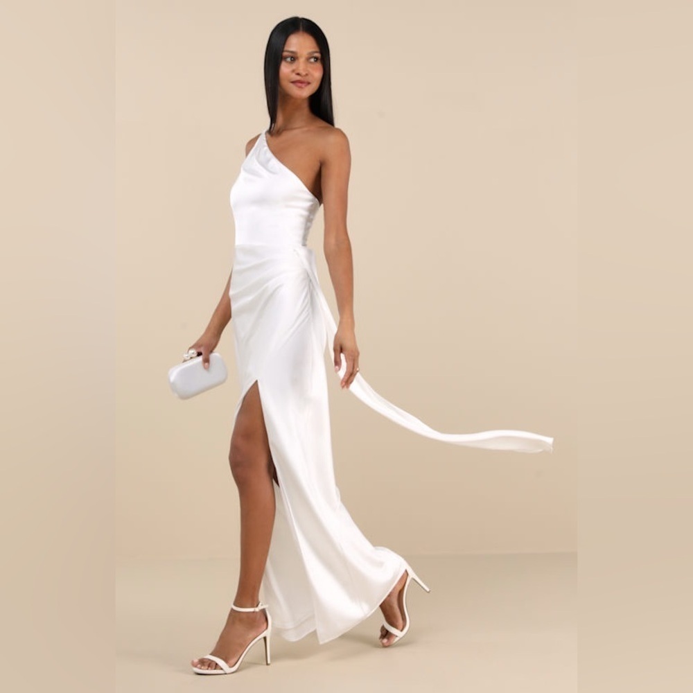 Lulus Signature Elegance White Satin One-Shoulder Maxi Dress